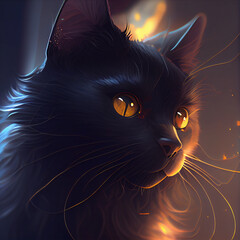 Portrait of a black cat with glowing eyes, generative ai