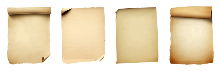Set of Ancient Paper or Parchment Scrolls. Realistic antique vector rolls of rough paper with torn edges. Certificate, treasure map or document, letter. Textured. Realistic vector illustration