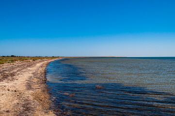 Salt lake with sandy beach. Landscape with clear blue sky and waves on the lake