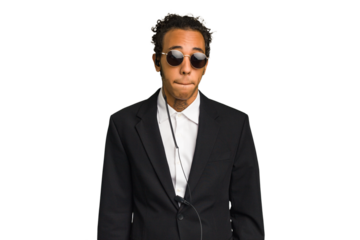 Young African American bodyguard man isolated confused, feels doubtful and unsure.