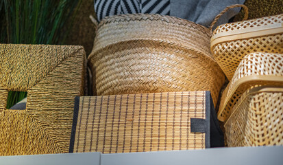 Collection of handmade rattan baskets. Handmade wicker basket Made from natural bamboo and rattan