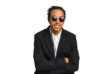 Young African American bodyguard man isolated laughing and having fun.