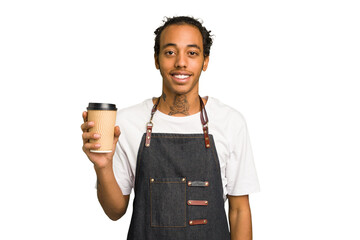 Young African American waiter man holding a takeaway coffee isolated happy, smiling and cheerful.
