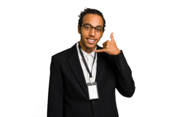 Young African American business man with badge isolated showing a mobile phone call gesture with fingers.