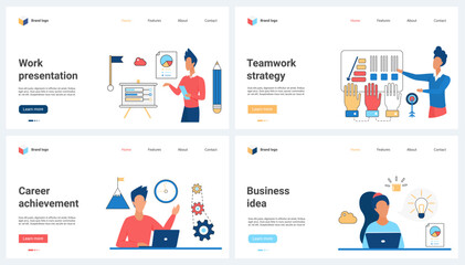 Team strategy presentation and work on business idea, career achievement set vector illustration. Cartoon tiny corporate leader training, teaching audience on lecture, people create light bulb project