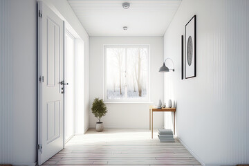 Fototapeta premium Interior design concept of a white, empty Scandinavian room with a hardwood floor, a sizable wall, and a white background. Generative AI