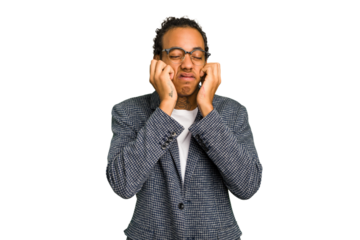 Young African American man isolated crying, unhappy with something, agony and confusion concept.