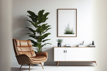 In the living room with a plant and a white wall, there is a leather armchair and a wooden cabinet. Generative AI