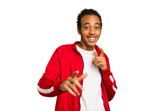 Young African American man isolated cheerful smiles pointing to front.