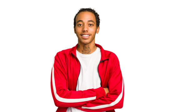 Young African American man isolated who feels confident, crossing arms with determination.