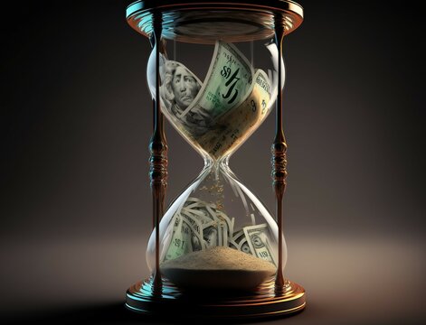 time is money concept, hourglass and money, generative ai illustration