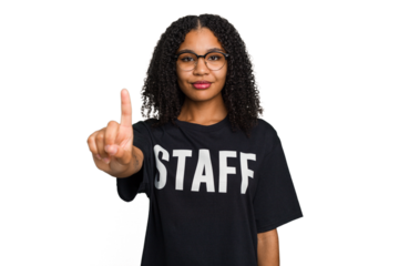Young african american staff woman isolated showing number one with finger.