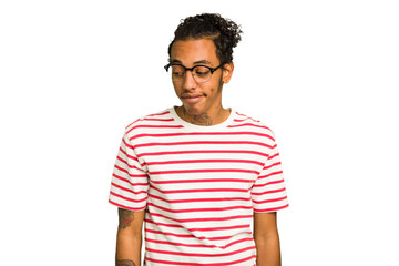 Young African American man isolated shrugs shoulders and open eyes confused.