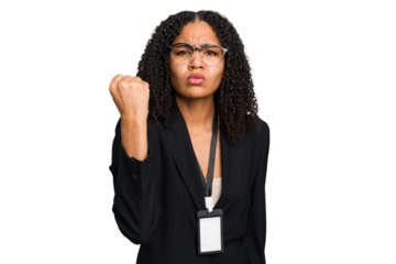 Young african american business woman with ID card isolated showing fist to camera, aggressive facial expression.