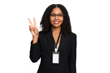 Young african american business woman with ID card isolated showing number two with fingers.