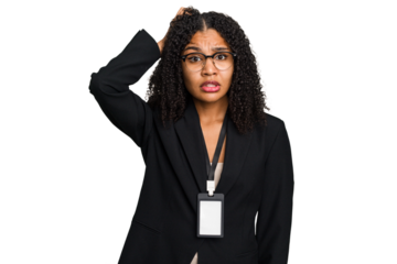 Young african american business woman with ID card isolated being shocked, she has remembered important meeting.