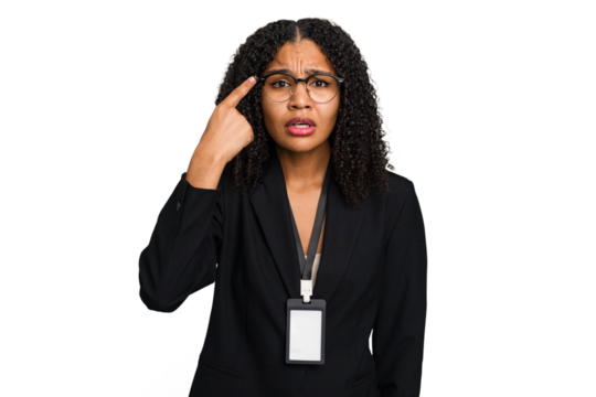 Young african american business woman with ID card isolated showing a disappointment gesture with forefinger.