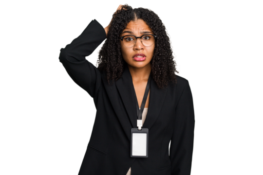 Young african american business woman with ID card isolated being shocked, she has remembered important meeting.