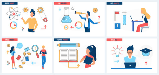 Laboratory research and data analysis in modern science, process of learning and skill growth set vector illustration. Cartoon tiny scientists work with tool and equipment on scientific breakthrough