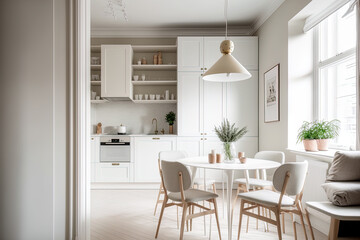 Warm pastel white and beige hues are used in the interior design of the big, cheerful studio apartment in the Scandinavian style. Modern touches in the kitchen and fashionable furnishings in the livin