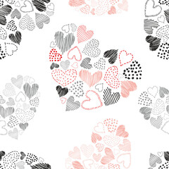 Seamless vector pattern of doodle hearts on a white background.