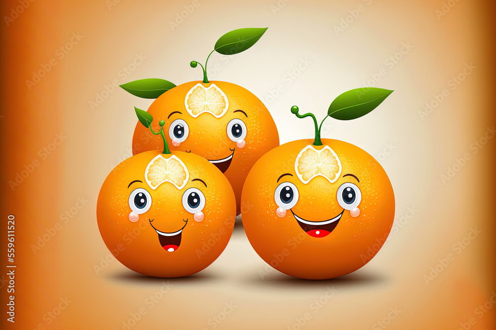 Sticker oranges in a cartoon smile. Generative AI