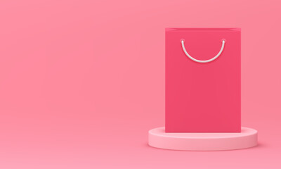 Shopping bag on podium purchase sale discount product presentation pink 3d banner realistic vector