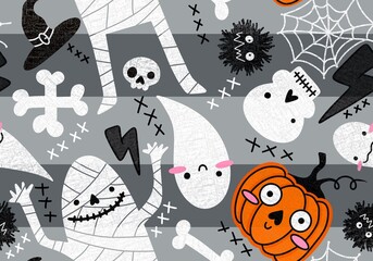 Halloween mummy and pumpkins seamless ghost and bones and skulls and monsters pattern for wrapping paper