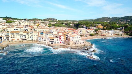 Calella de Palafrugell, aerial view from the Mediterranean Sea on the beautiful seaside town at the...
