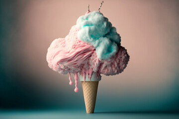 Sweet colorful cotton candy crossed with cloudy ice cream on the blurred background, summer topic. AI generative