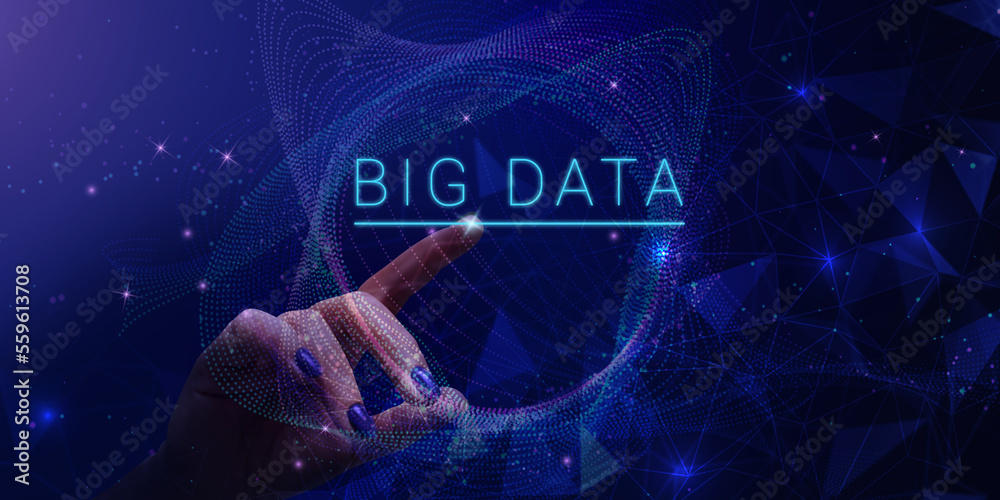 Aufkleber woman's hand points to big data inscription. digital neural network. global communication network. c