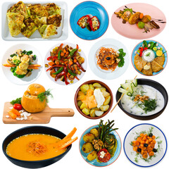 Collage of different types dishes with vegetables isolated on white background. High quality photo