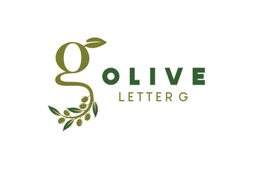 Olive logo design with letter g concept, natural green olive vector illustration - obrazy, fototapety, plakaty