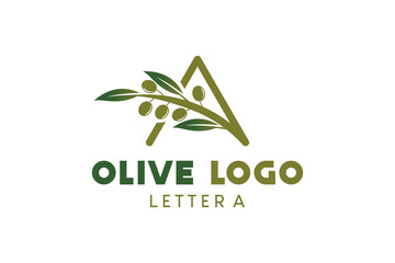 Olive logo design with letter A concept, natural green olive vector illustration