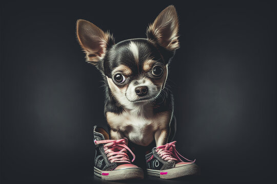 Illustrated portrait of a cute little chihuahua dog with shoes nearby on dark background. Content is created with generative ai