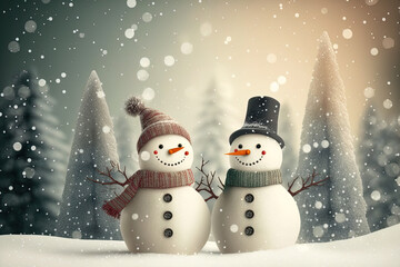 Christmas and new year's card with snowmen in a forest during a snowstorm. Generative AI