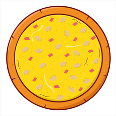 Whole Pan Mushrooms Cheese Pizza. vector flat illustration