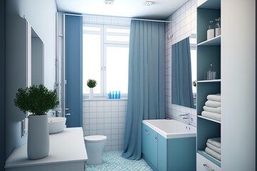 Fototapeta na wymiar Interior design for a white and blue bathroom that includes floor and wall tiles, a niche shelf, a tub with a curtain, and a galss shower cabin. An image of a contemporary apartment. Generative AI