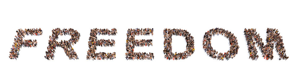 Concept conceptual large community of people forming FREEDOM word. 3d illustration metaphor to victory, independence, change, hope, courage, life, happiness, health, motivation,  adventure, meditation