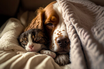 A cute kitten snoozes behind the ear of a young English Cocker spaniel. Pets snooze on a bed at home under a white, cozy blanket. Generative AI