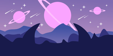 landscape background hills mountains with rocks and planets with stars vector illustration