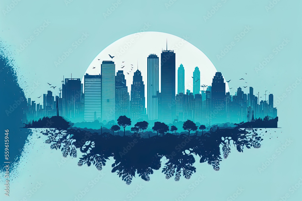 Canvas Prints illustration. urban setting city's silhouette in blue. Flat view of a cityscape. Generative AI