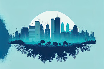 illustration. urban setting city's silhouette in blue. Flat view of a cityscape. Generative AI