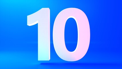 Number 10 in white on light blue background, isolated number 3d rendering.