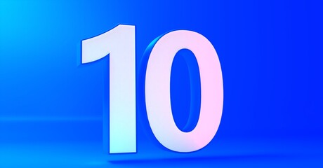 Number 10 in white on light blue background, isolated number 3d rendering.