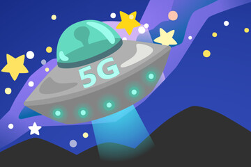 flying saucer with 5G text amid starry sky landscape,concept vector illustration