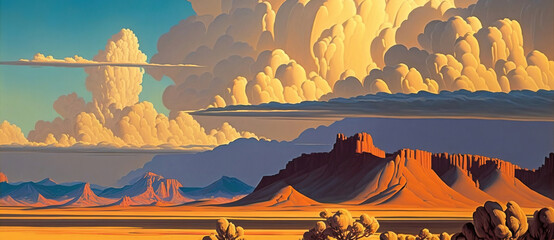 Painting of desert landscape by generative AI - obrazy, fototapety, plakaty
