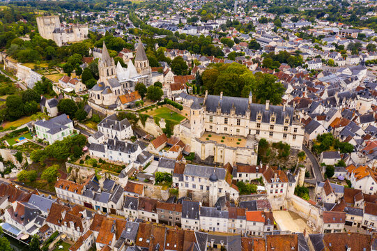 Flight over the city Loches and the Royal castle Loches on summer day. France