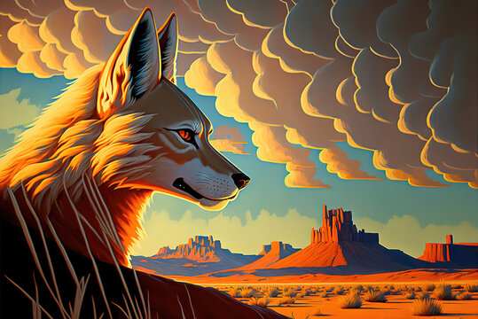Painting of wolf in the desert by generative AI