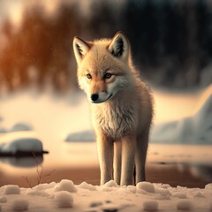 Fototapeta premium Sad baby wolf in the forest waiting outdoor. Generative AI